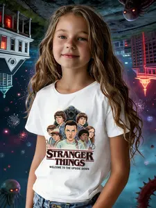 Girls' Fashion T-Shirt, Holiday Party Wear, Round Neck Short Sleeve Tee, Stranger Things Creative Design Print, Cute Cartoon Clothes, Perfect Gift for Ages 4-12