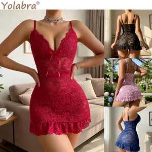 Women’S Elegant Deep V-Neck Sheer Lace Lingerie Slip Dress , Soft Breathable Mesh Fabric, Flattering Bodycon Fit, Seductive Perspective Design, Ideal For Nightwear, Bedroom, Honeymoon, Date Nights To Highlight Your Feminine Charm