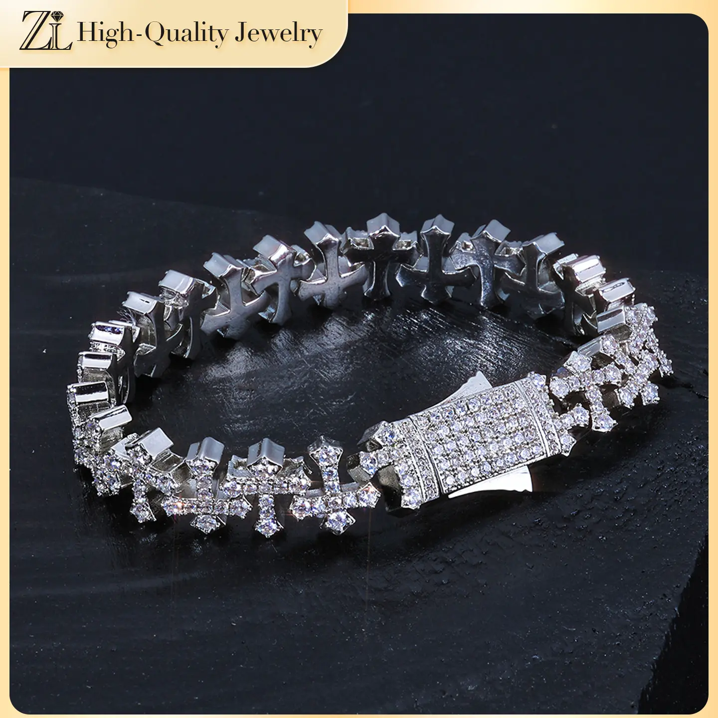 11.5mm Cross Pendant Bracelet for Men, Classic AAAAA+ Cubic Zirconia Simulated Diamond Bracelet – Iced Out Bling Shiny, Christian Faith Jewelry, Size 7-8 Inch
