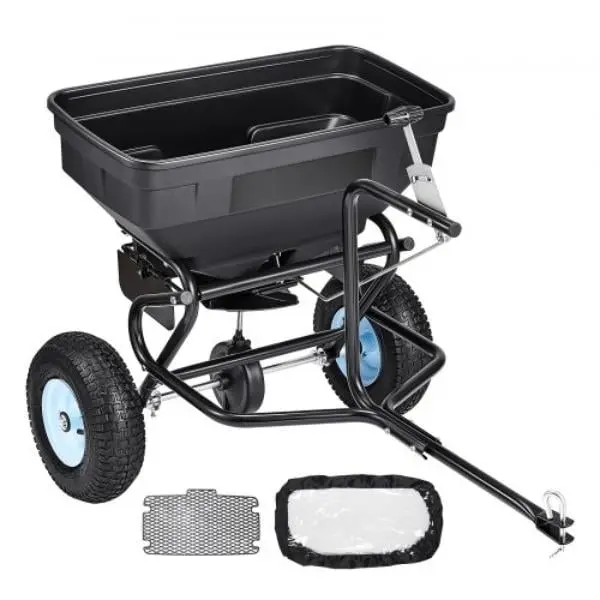 Vevor TCSBJ130LBSPQZ8XK001V0 Tow Behind Broadcast Spreader - 130 lbs Capacity, 13 in. Tires, 30 Adjustable Settings, 9.8 ft. Spreading Width - Tow & Push Design for Spreading Salt