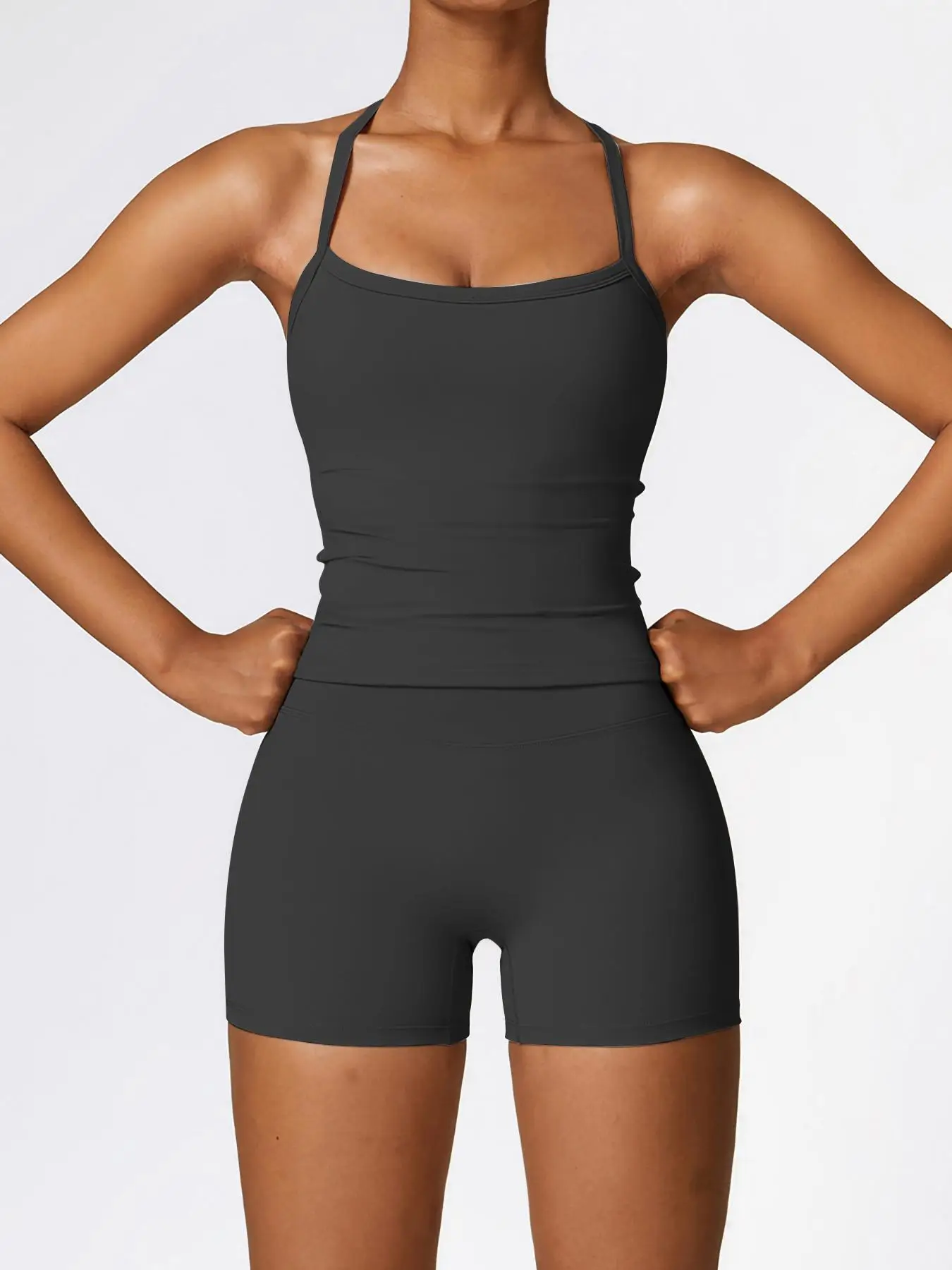 Women's Solid Backless Cami Top & Skinny Shorts Tracksuit Set, Sporty Casual Comfy Breathable Sleeveless Top & Shorts Set for Yoga Gym Workout Running