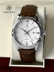 1PC luxury men's wristwatch, top brand, IPS silver stainless steel case, simple date display, quartz movement, luminous, Roman numerals & bar scale, Analog Quartz Watch, high-end business watch, stylish watch, for daily use, gift for father or male friend