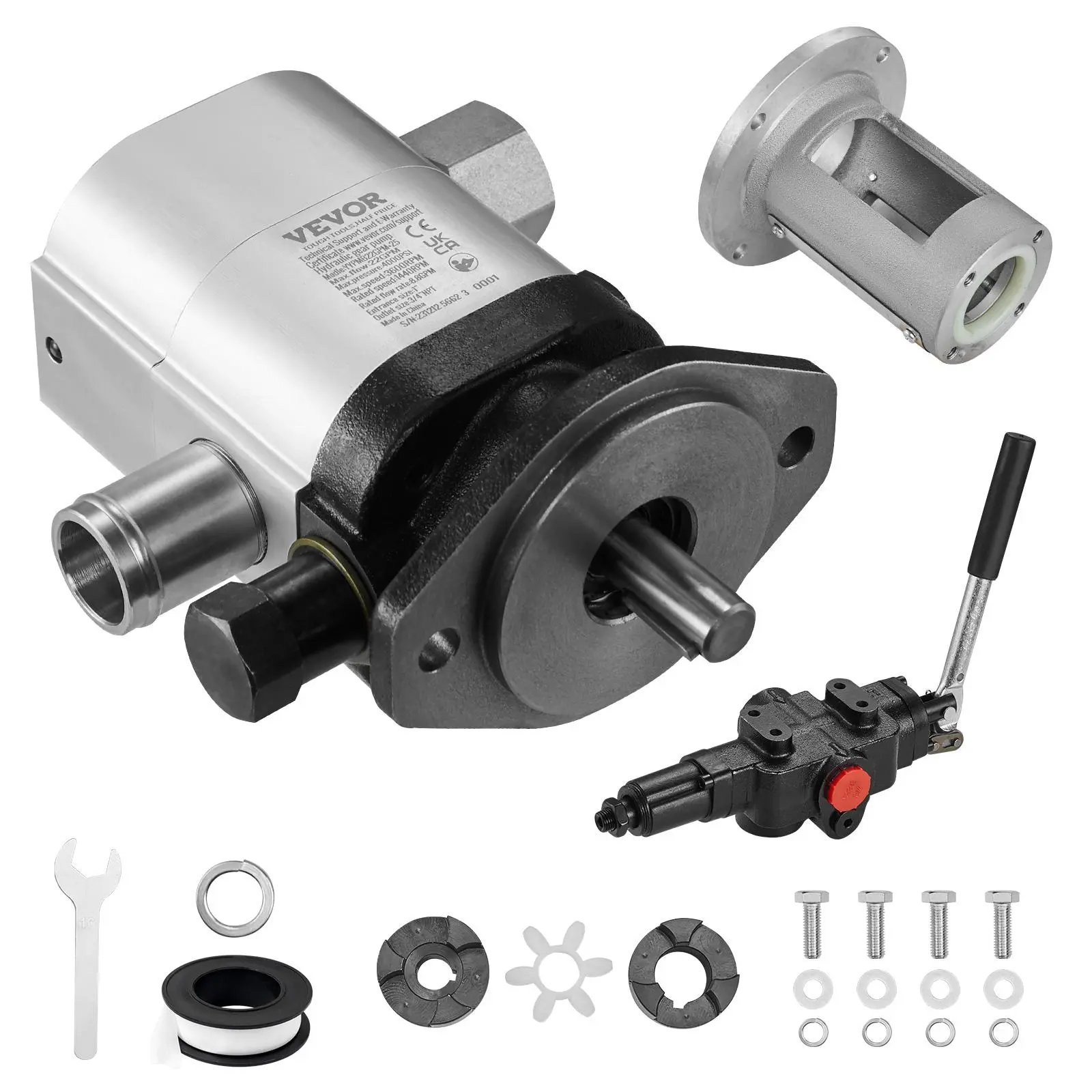 【BackToSchool】VEVOR Heavy Duty Hydraulic Log Splitter Full Pump Kit, 22GPM 2-Stage 4000PSI Aluminum Gear Pump, 3/4'' NPT Outlet, 3600 RPM, with Valve Coupling, Installation Base, Bolts & Teflon Tape for Small Engine Mounting, Log Splitters, Machine Tools