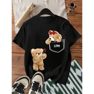 Women's Gray Teddy Bear Print Pocket T-Shirt: Cotton cute pink bear bow tie pocket design short sleeve crewneck summer casual top, stretch fitness party wear, machine washable;