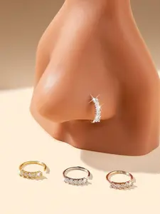 3Pcs Cute Rhinestone Decorated Nose Rings Hoop for Women Nose Piercing Jewelry Body Jewelry for Party, Daily Clothing Decor, Trendy All-match & Exquisite Jewelry for Birthday Gift