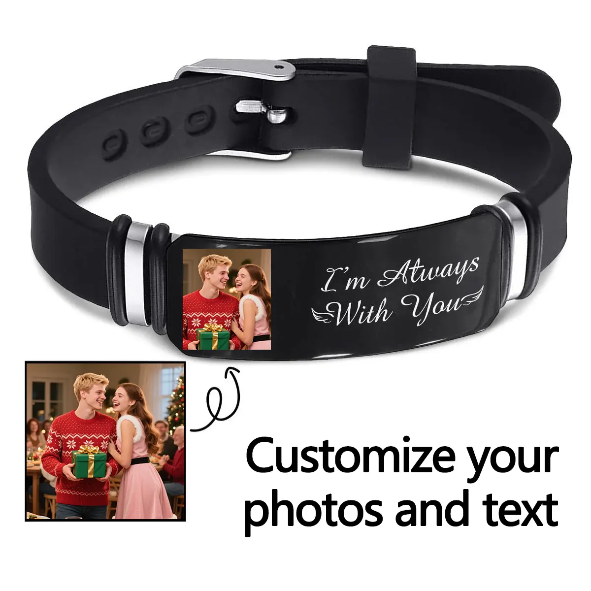Personalized Jewelry Gift - Customizable Unisex Adult Titanium Steel Bracelets, Color-Printed Engraved Silicone Bracelets for Festivals, Holiday Gifting