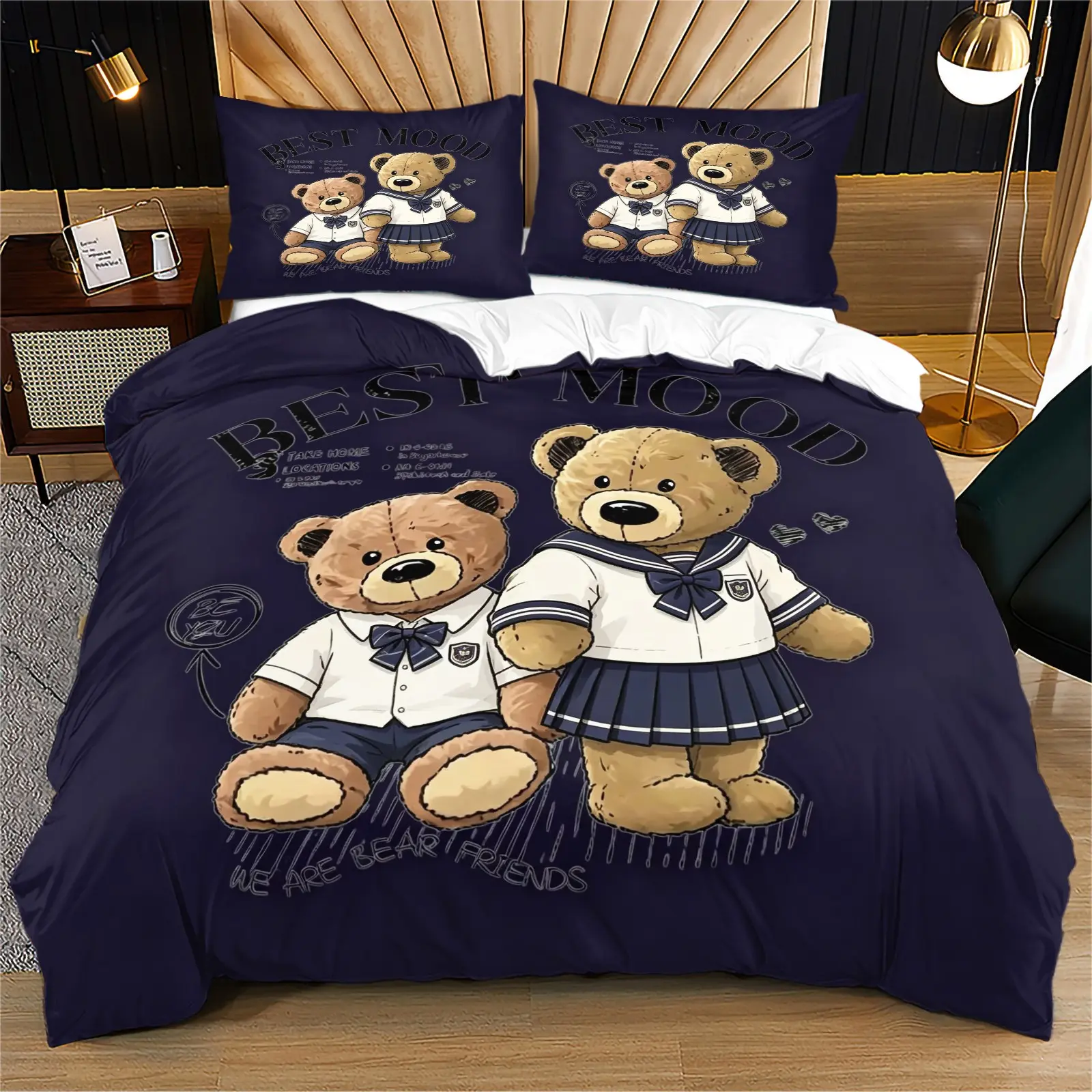Teddy bear doll printed pattern soft and durable bedding duvet cover set, Soft Bedding Sets, decorative bedding set, including 1 duvet cover and 1 or 2 pillowcases, without a core or pillow, suitable for children or adults as gifts, bedroom decoration