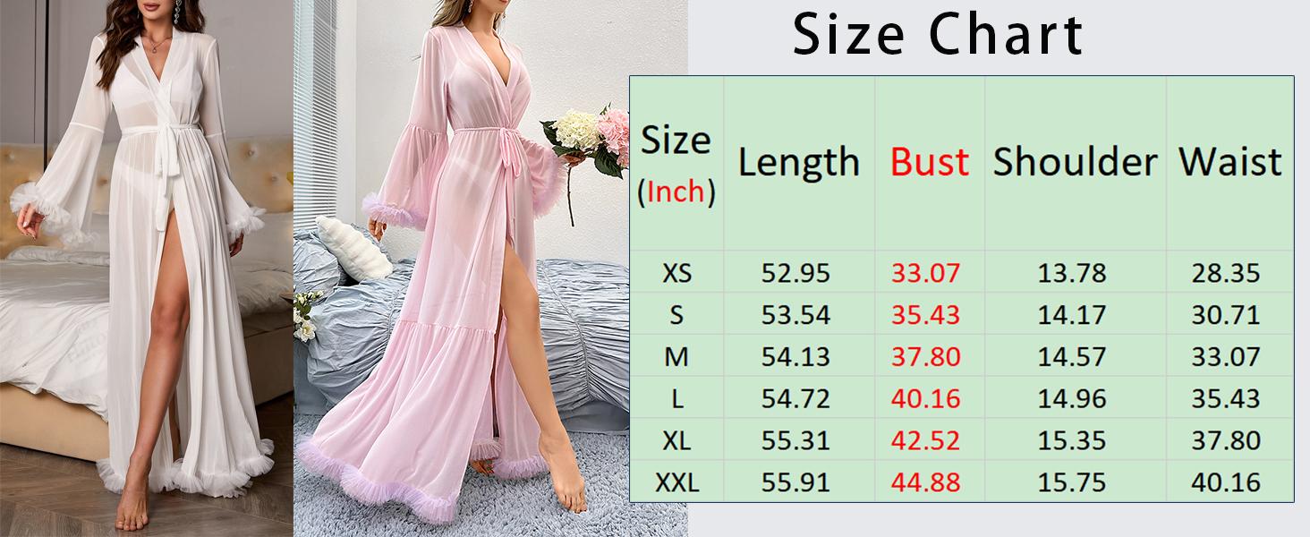 Women's Sheer Mesh Wedding Robe, Long Sleeve V Neck Bridal Nightgown with Ruffle Trim, Belted Trumpet Sleeve Loungewear for Bride