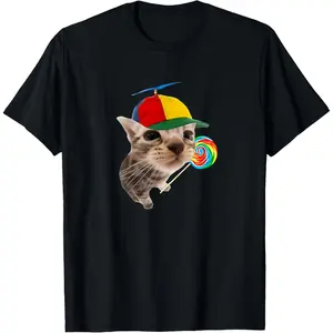 NewSilly Cat With Lollipop Meme T-Shirt Clothing Casual Cute(t)