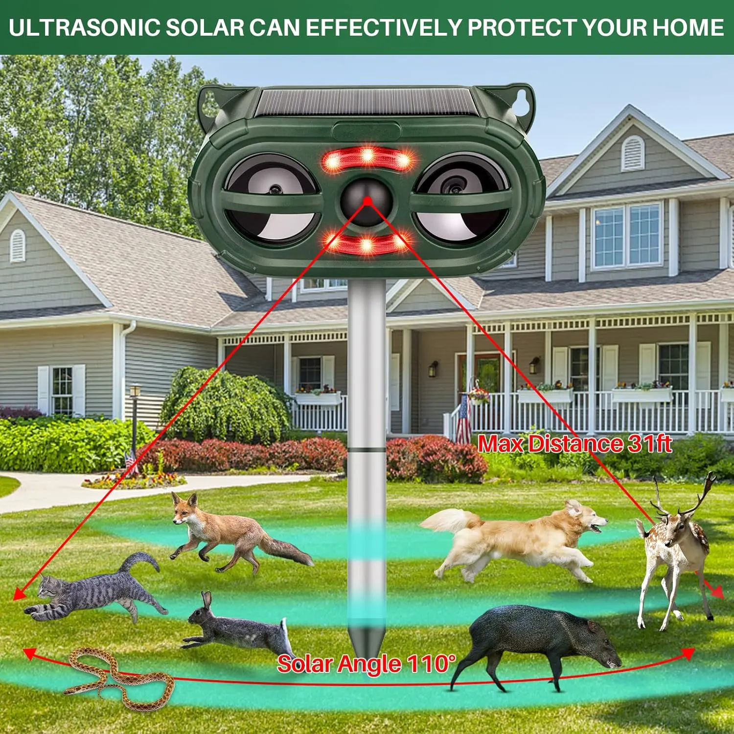 SAIJZEK. 2026 Solar Ultrasonic Animal Repeller Outdoor with Flashing Lights & Upgraded Waterproof Motion Sensor Animal Deterrent Devices for Deer,Cat,Squirrel,Raccoon,Rabbit,Fox,Skunk Repellent for Yard Garden