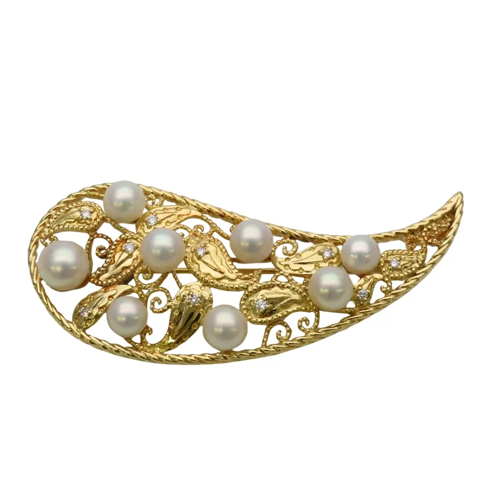 Pre-owned MIKIMOTO 18K Yellow Gold (Au750) Small Leather Goods Au750 Pearl Diamond Brooch