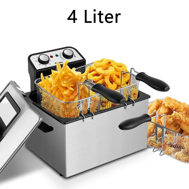SUSTEAS Electric Deep Fryer with 3 Baskets 4 Liter Oil Capacity Cool Touch Sides Dishwasher Safe Adjustable Temperature Control with Viewing Window for Home Use - Lid Design