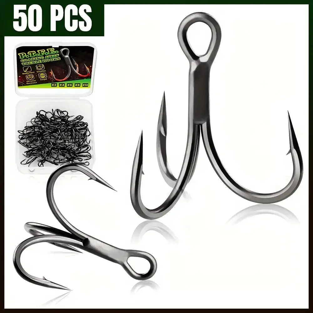 Treble Hooks 50PCS PTFE Coating Treble Fishing Hooks for Saltwater Freshwater Size #2#4#6#8#10