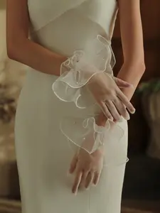Sheer White Tulle Bridal Gloves, Short Ruffled Wrist Gloves with Delicate Pearl Embellishments, Vintage Elegant Handwear for Weddings, Bridal Parties & Photo Shoots