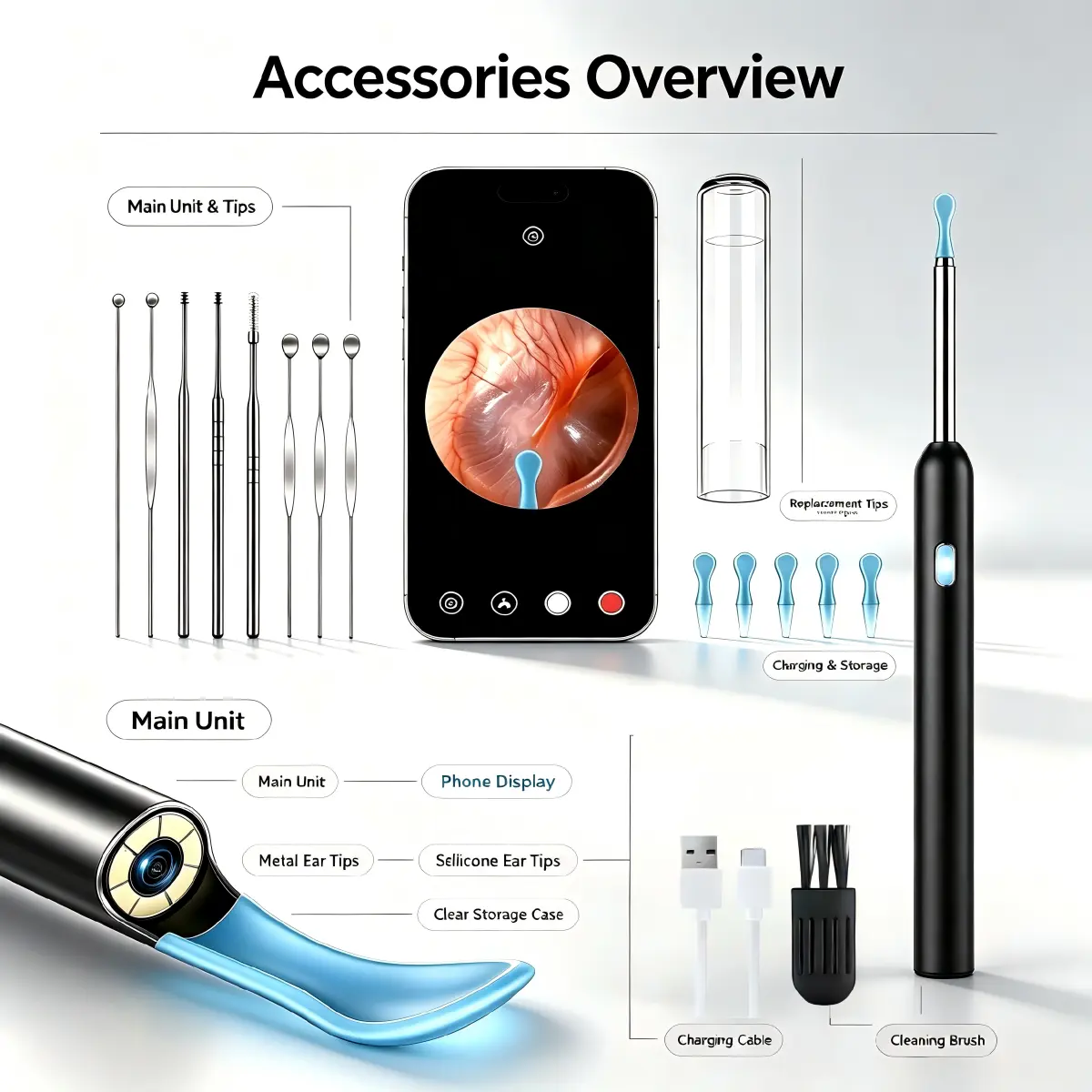 Visual Manual Earwax Remover Kit - 1080P HD Digital Ear Camera Handheld Cleaner, Multiple Tips, Smart Otoscope Compatible with iPhone & Android, Ear Canal Cleaner, Personal Care Tools