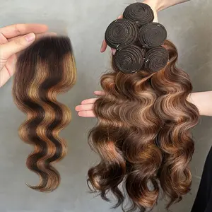 Gefily hair shop 30 Inch 4/27 Highlight Body Wave Bundles Human Hair Brazilian Weave Bundles 12A Ombre Honey Brown Colored Hair Bundles Remy Hair Extensions