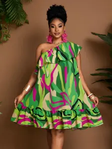 [Plus Size] All Over Print One Shoulder Dress, Plus Boho Fashion Casual Dress for Daily Holiday Vacation Wear, Women Plus Clothing for Summer, Boho Summer Dresses