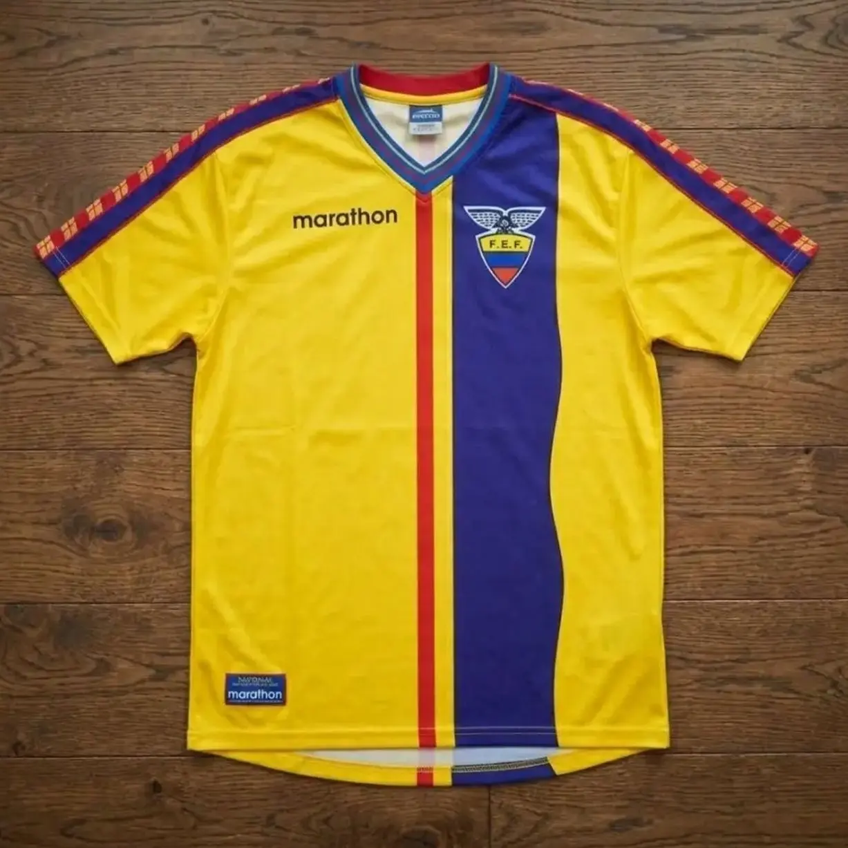 Ecuador Yellow Soccer Jersey Shirt, Short Sleeve Athletic Top with Blue Red Stripe Design for Men
