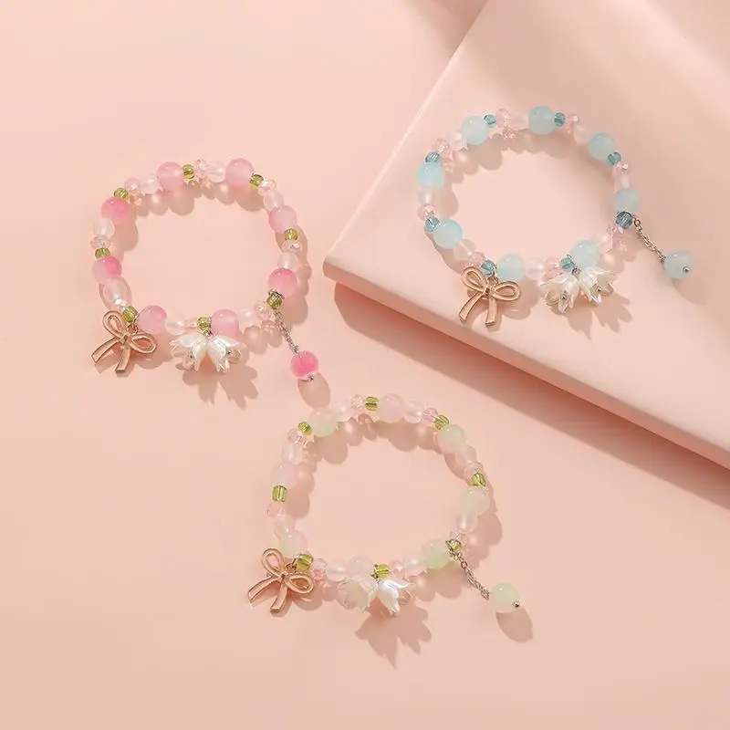 Women's 3-Piece Matching Beaded Bracelet Set - Dainty Bracelets & Bangles, Unisex Multi-Item Set, Plastic Flower Charms, Flower Wind Chime Accents, Soft Soothing Jingle, Elastic Adjustable Stackable Casual Arm Candy, Daily Wear Gift