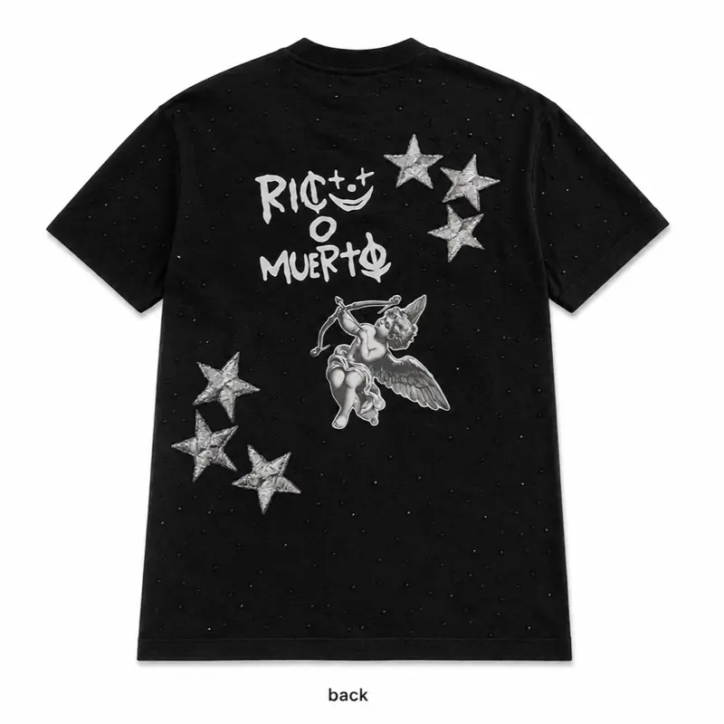Black Rhinestones Graphic T-Shirt - Rico o Muerto Print Design