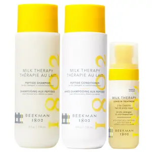 Beekman 1802 Milk Therapy 3-Step Haircare Set - Shampoo, Conditioner & Leave-In Treatment with Peptides for Dry Damaged Hair