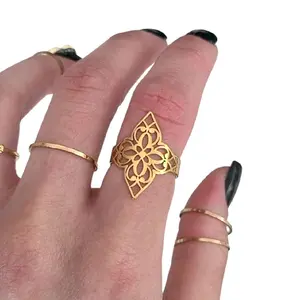 Stainless Steel Lotus Mandala Ring - Adjustable Size  (Gold or Silver)