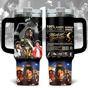 STORMMECH 40oz Stainless Steel Insulated Michael Jackson Tumbler - Portable Beverage Travel Cup with Handle, Lid, King of Pop Collage Drinkware, MJ Fan Gift