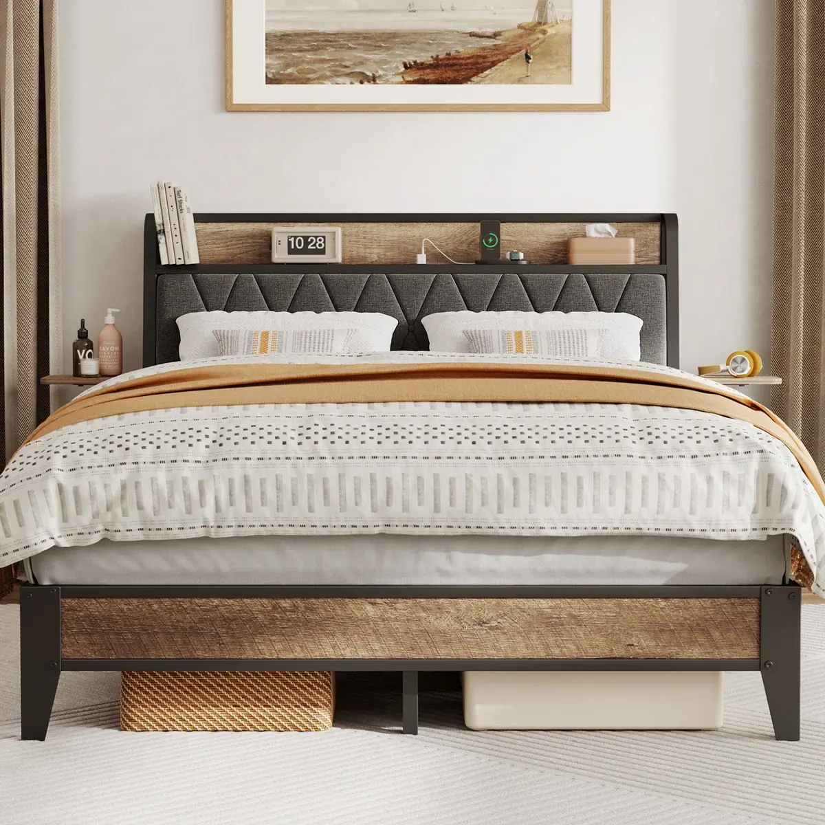 【SummerFinds】ONBRILL Twin/Queen/King Size Bed Frame, Upholstered Platform Bed With Charging Station Ergonomic Headboard And Side Storage Shelf, Noise-Free, BedRoom Furniture, Bed Frames For Queen, Queen Sized Bed Frame