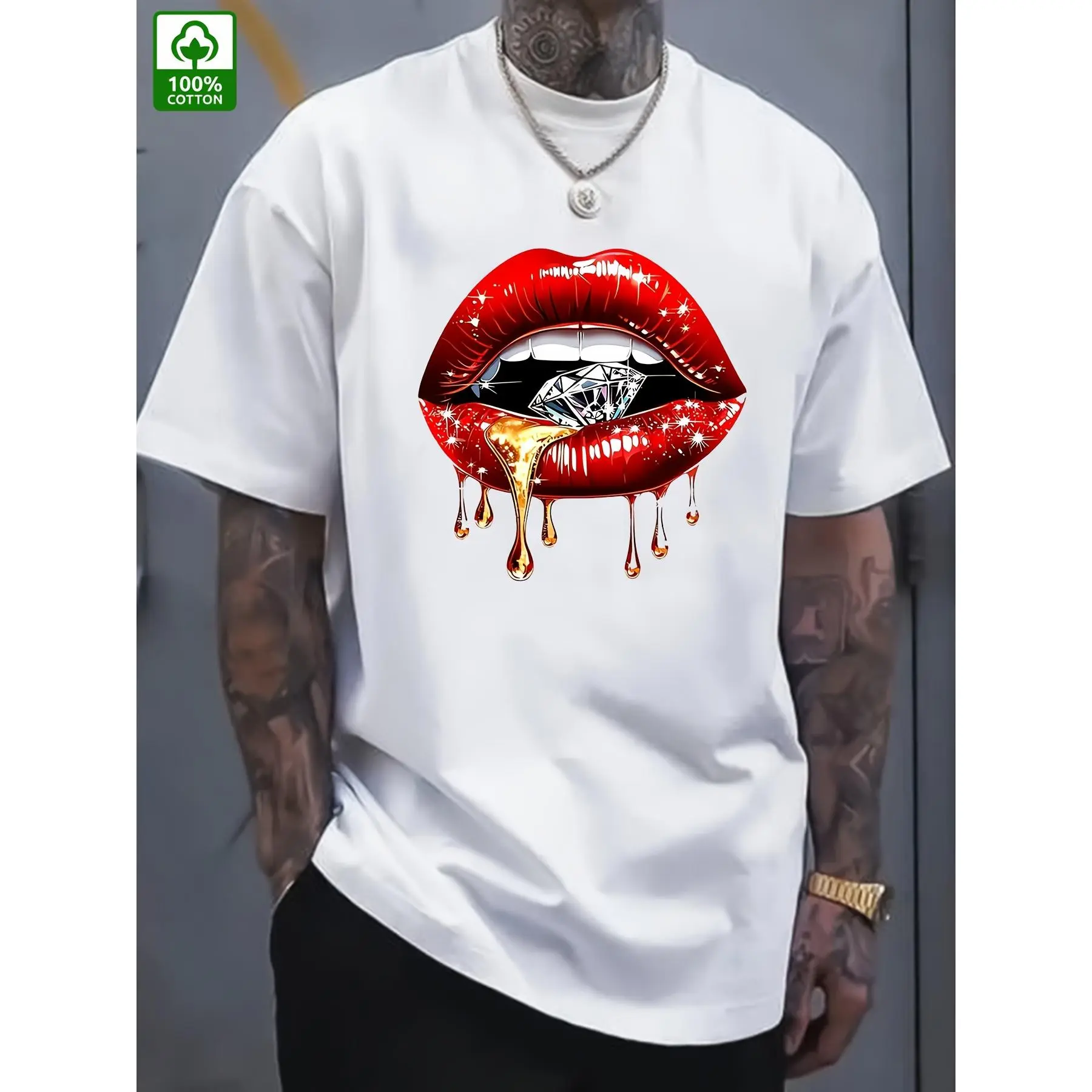 Men's Black Cotton T-Shirt with Red Lips & Diamond Print – Casual Summer Tee for Casual Attire, Machine Washable, Round Neck, Short Sleeve, Outdoor Clothing | Stylish Casual Shirt | Comfortable Knitwear fathersdaygifts..
