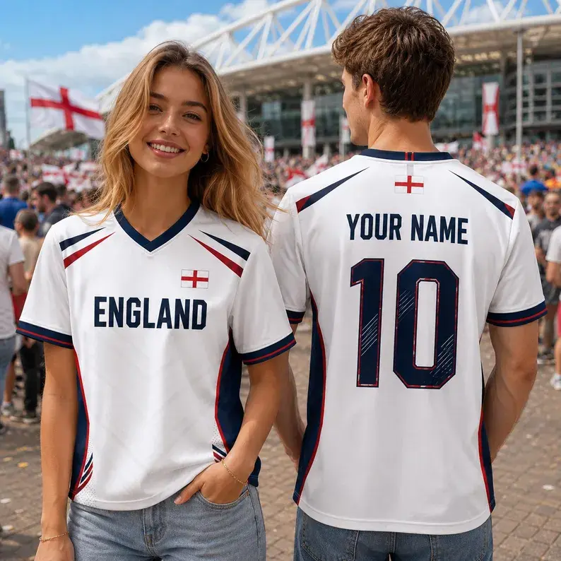 England Soccer Jersey, Custom Name Number Football Fan Shirt, White V Neck England Jersey, Personalized Sports Gift