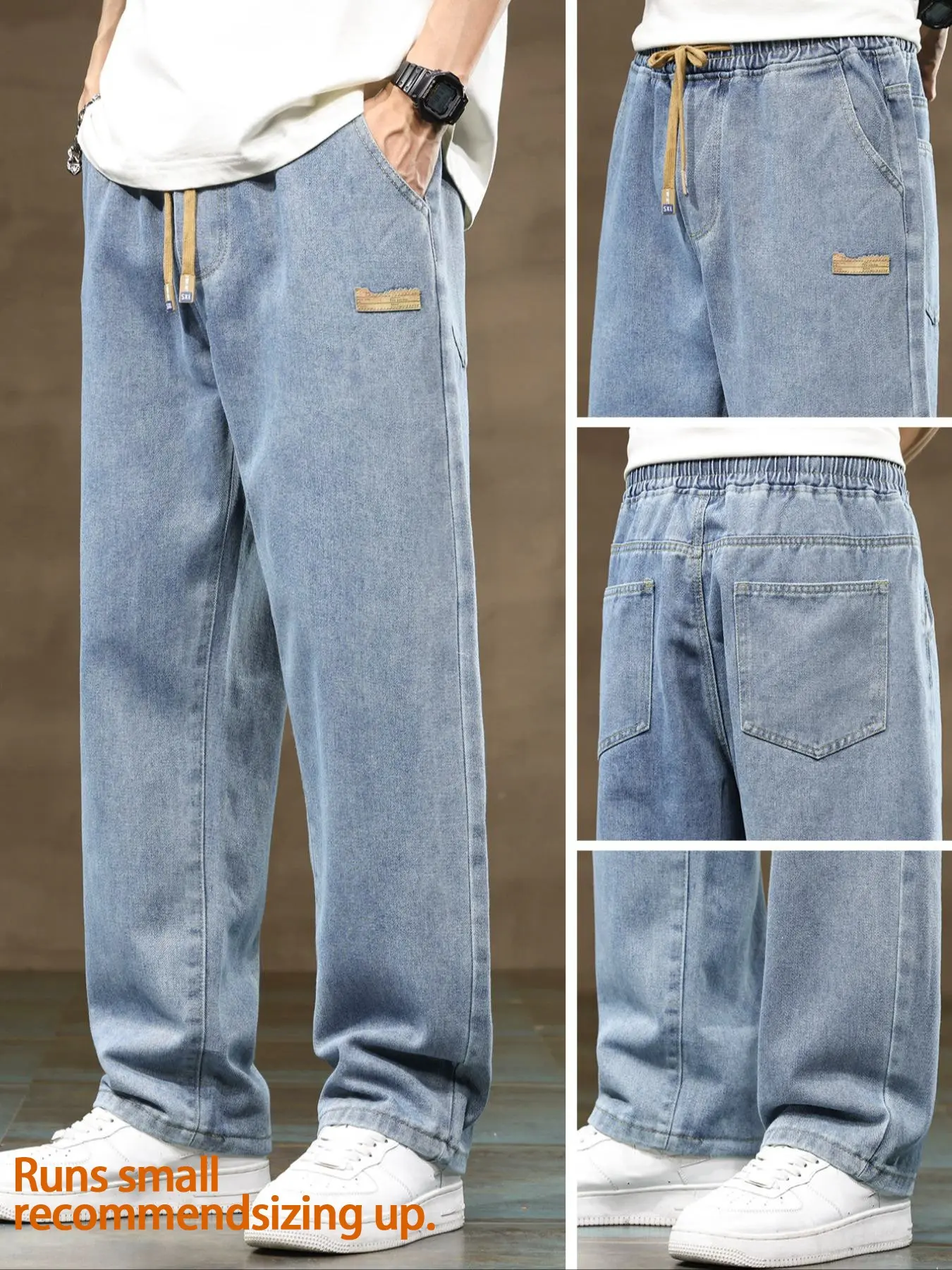 Men's drawstring elastic waist straight leg jeans, solid color casual versatile non stretch denim pants, fit straight leg version, suitable for all seasons
