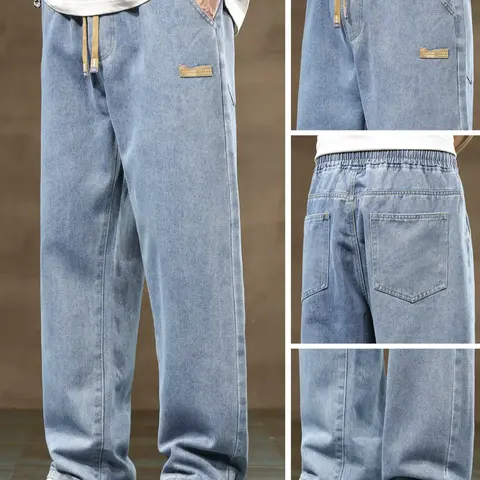 【Black Friday】Men's Drawstring Elastic Waist Straight Leg Pocket Jeans, Casual Versatile Non-Stretch Denim Pants, Straight Leg Design, Suitable for All Seasons