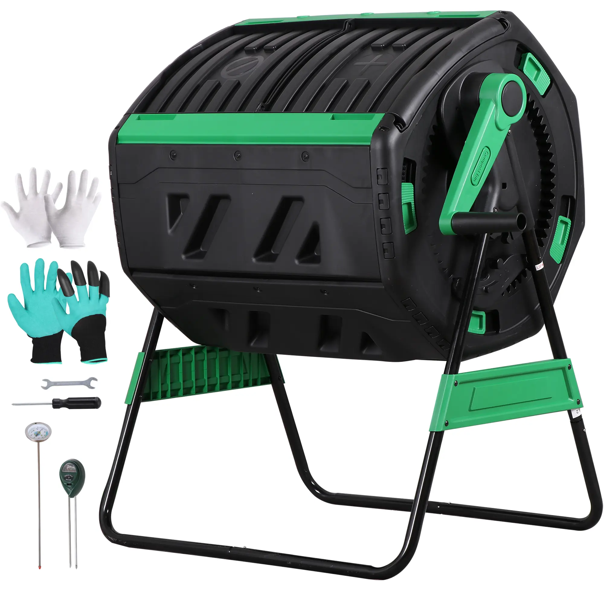 53 Gal Plastic Dual Chamber Rotating Compost Tumbler - Rust-Proof Hand-Operated Steel Bin, Thermometer, Soil Tester, Gloves, Hand Crank, Odor Control - for Backyard, Garden