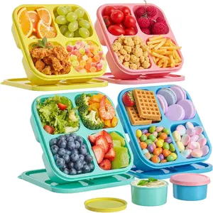 4 Pcs Snack Box Containers Set Reusable 4 Compartment Lunchable Container with 2Pcs Sauce Containers Stackable BPA-Free Bento Box for School Work Travel 4 Color Maintains Freshness