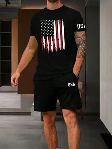 Two-piece Set Men's Flag Graphic Fitted Sleep Tee & Letter Print Elastic Drawstring Pocket Shorts Pajama Set, Comfy Men's Sleepwear & Loungewear Set for All Seasons