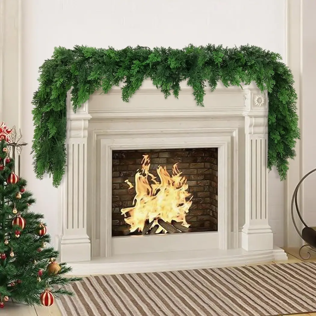 2 Pcs 6 FT Artificial Cypress Garlands, Real Touch Winter Cypress Cypress Garland, Green Artificial Greenery Pine Garland for Table, Mantle, Wall, Indoor, Outdoor Christmas Decorations (2, 6 FT)