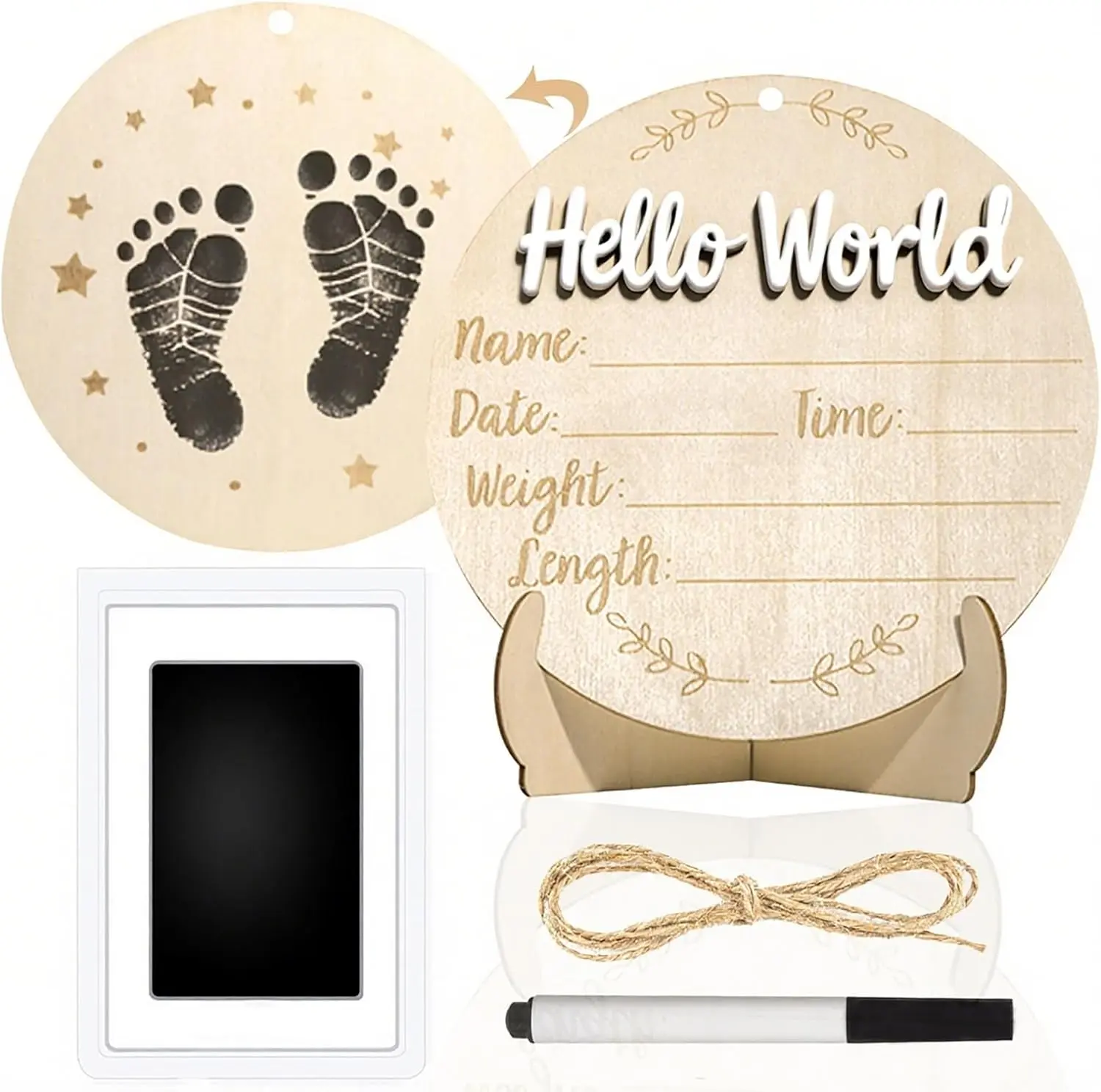 Announcement Sign, 5.9 Inch Round Wooden Hello World  Signs, Birth Announcement Sign: Equipped with Ink Pad Can  Handprints and Footprints for Photo Prop