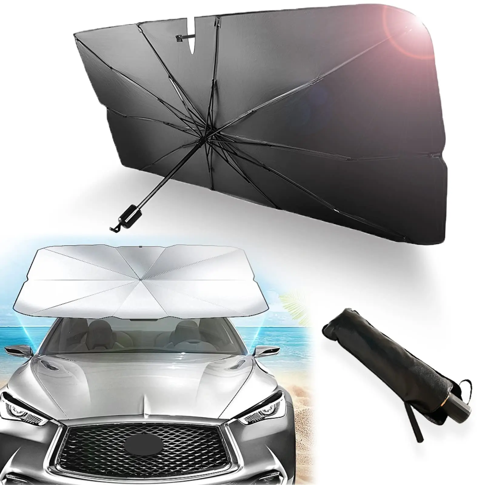 Umbrella Car Shade, Car Front Windshield Sunshade Umbrella, Foldable Automotive Windshield Shade for Car Front Window Blocks UV Rays Heat Keep Vehicle Cool, Velcro Tapered Edge Opening