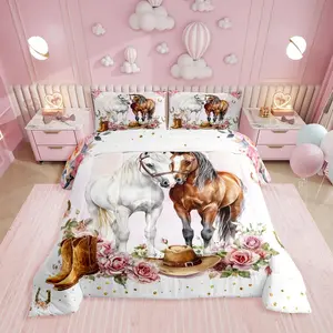 Western Horse Bedding Set,Cowgirl Boot Hat Comforter Set for Girls Teen,Wild West Horseshoe Comforter,Rustic Country Floral Quilt Set Breathable Soft Animal