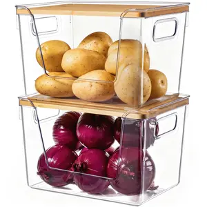Criusia High-Quality Plastic Food Storage Box with Wooden Lid Transparent Design for Fruits Vegetables & Spices Ideal for Kitchens Pantries