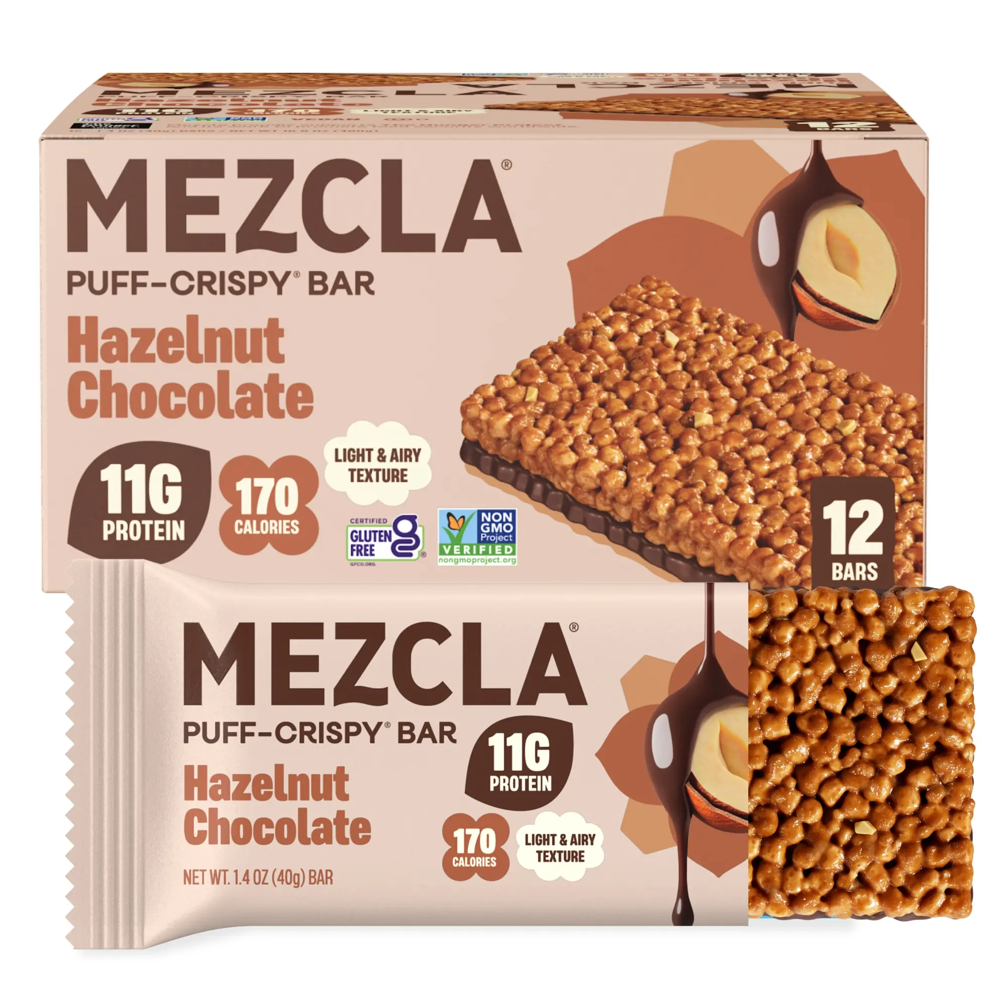 Mezcla Hazelnut Chocolate Puff Crispy Protein Bar, 11g Plant Protein, Vegan Treat