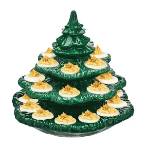 Ceramic Platter Shaped Like a Christmas Tree for Serving Deviled Eggs, Featuring a Reusable Oval Tray with a Lid, Designed in a Green Plant Style, And Includes Three Tiers for Presentation. (Non- Contact)