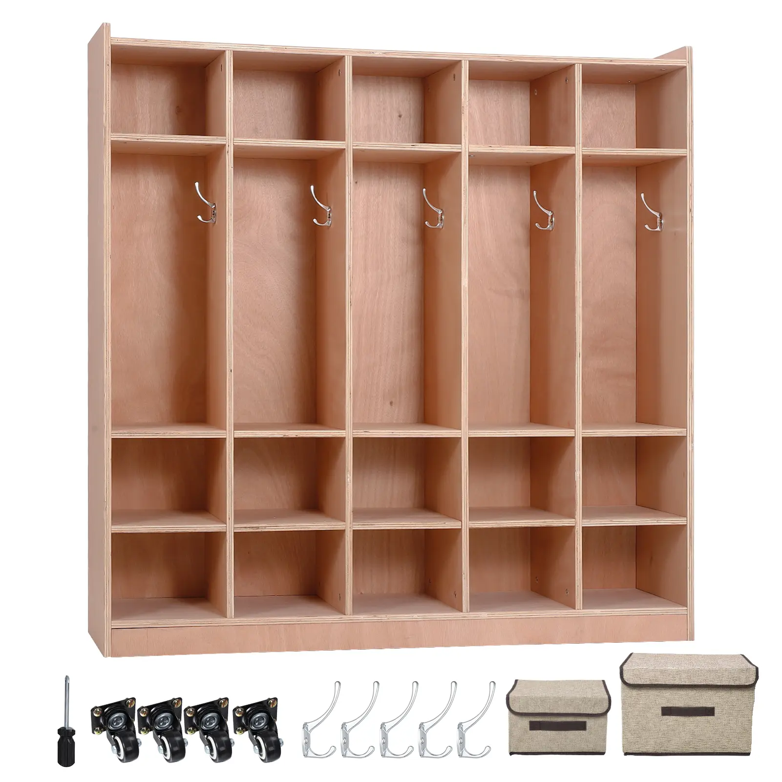 Large Wall-Mounted Cubby Storage Cabinet - 15 Cubbies, Double Hooks, Open Shelves, Solid Birch Plywood Kids Organizer with Casters, Anti-Tip Kit, Natural Wood Design for Classroom, Mudroom Space-Saving Indoor Furniture