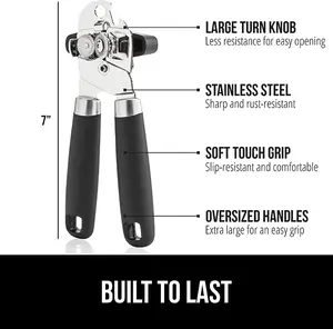 Heavy Duty Stainless Steel Smooth Edge Manual Hand Held Can Opener With Soft Touch Handle, Rust Proof Oversized Handheld Easy Turn Knob, Large Lid Openers, Black