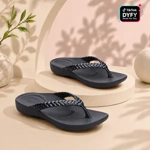 SummerVibes [Limited Stock] Aetrex Vicki Braided Thong Sandal - Black Gloss | Arch Support Sandals for Foot Pain Relief & All-Day Comfort | Lightweight Walking Flip Flops