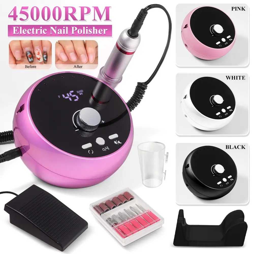 New Professional Nail File Machine 45000rpm, Electric Nail Buffer Set, Manicure Pedicure, At Home Manicure, Ultra Quiet, Home & Salon Use, Includes 6 Abrasives & Drill Bits