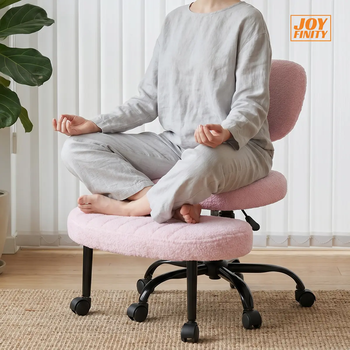 [New]Joyfinity Ergonomic Cross Legged Office Desk Chair with Adjustable Backrest, Height Adjustable Meditation Chair with 360° Swivel Footstool, Leatger&Teddy Fabric Yoga Stool for Home Office