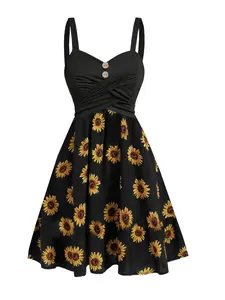 Women's Sunflower Print Tank Dress, Casual Sleeveless Short Dress for Summer, Ladies Clothes for Beach Holiday, Boho Sundresses