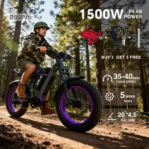 New electric bicycle for spring 2026 adopts a high carbon steel frame, hydraulic shock absorption, full suspension system, maximum speed of 40 MPH, 48 volt 1500W motor, riding assistance range of 40-70 miles, 20 * 4.5-inch all terrain tires, snow tires