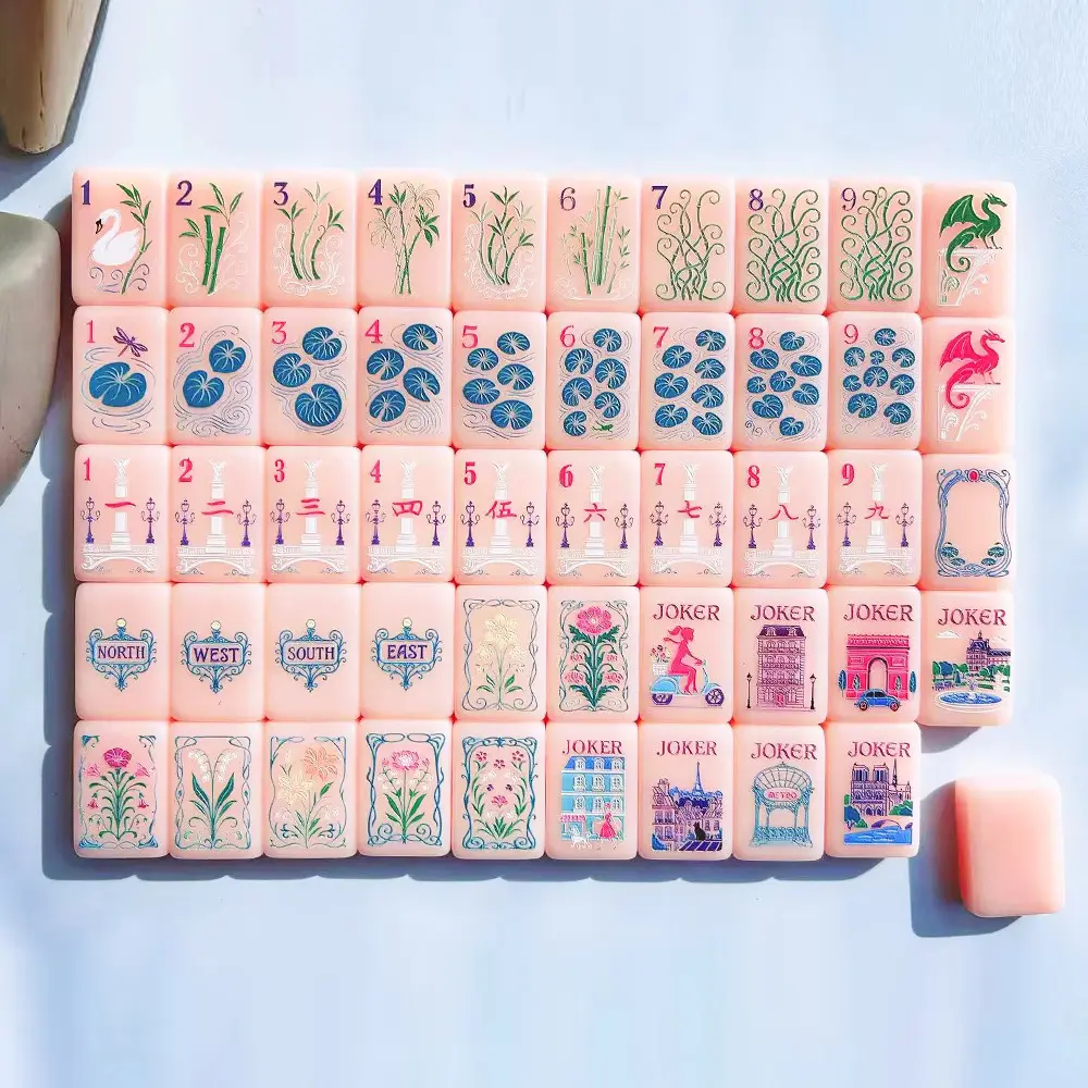Pink Aesthetic American Mahjong Set - Cute Acrylic Tiles with Unique Parisian Landmarks & Lotus Flowers Designs, Luxury Crystal-Feel Home Game Kit, Ideal Gift for Mahjong Fans for Birthdays, Holidays Gift Ideas, Aesthetic Parisian Landmarks